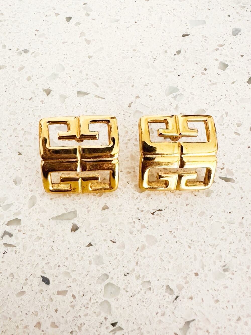 Vintage Givenchy 4G Gold Tone Logo Square Stud Earrings Signed Post Back Luxury